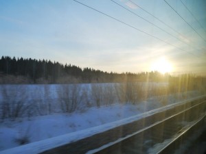 Sunrise from the train window on the train from Helsinki to St Petersburg..