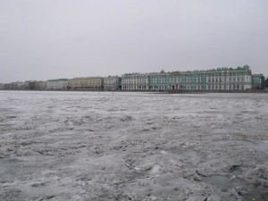 The Winter Palace and the Hermitage across the frozen Neva River..