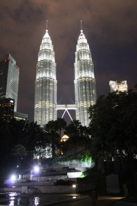 The Petronas Twin Towers at night in Kuala Lumpur..